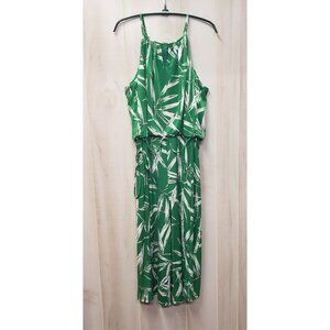 LONDON TIMES Cropped Jumpsuit Romper size 14 Green Palm Tropical Halter Stretch